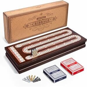 Wooden Cribbage Board Game Set 3 Track  9 Metal Pegs/ Playing Cards New